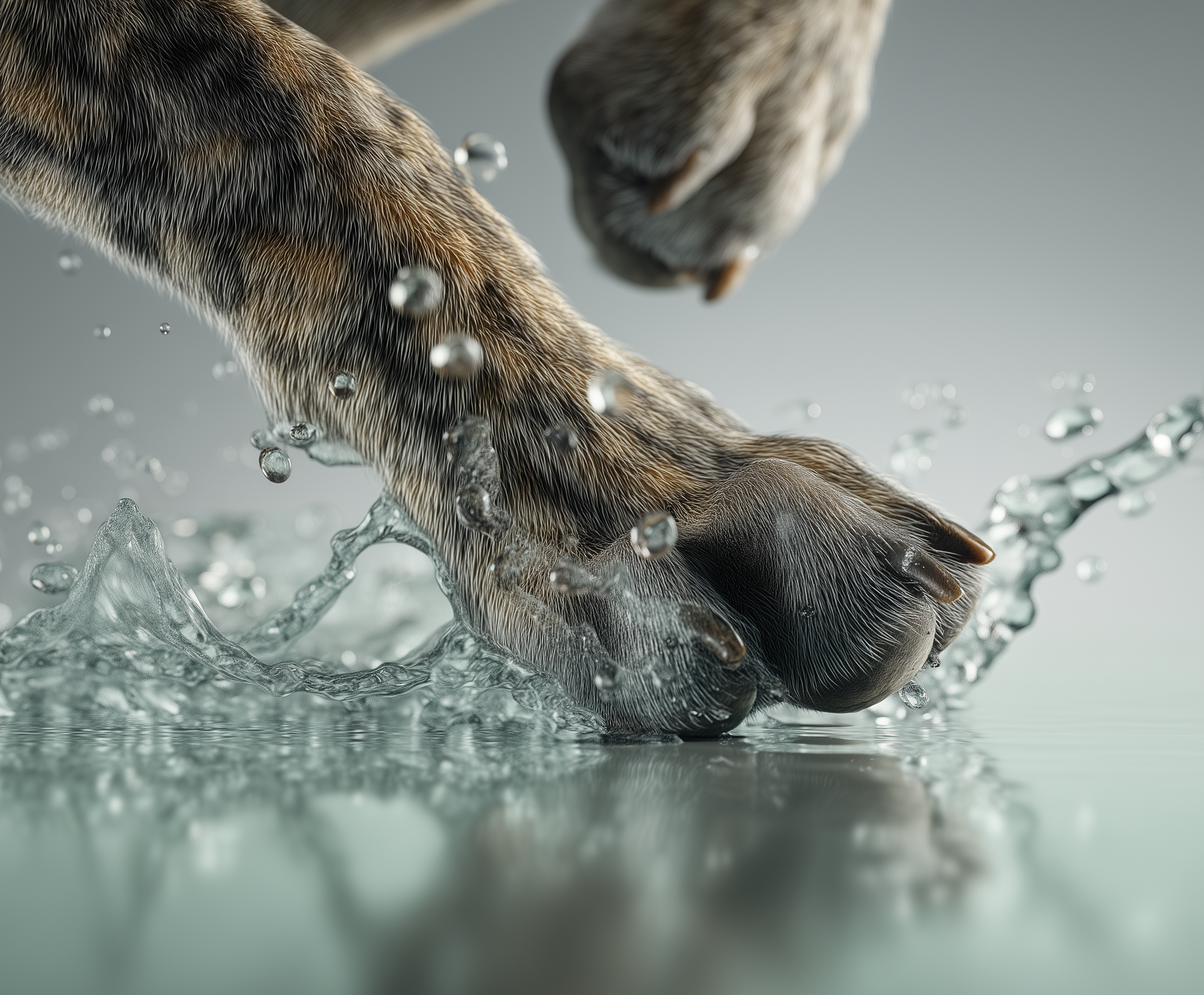 Photographie rapprochée des pattes d'un chien marchant énergiquement dans l'eau