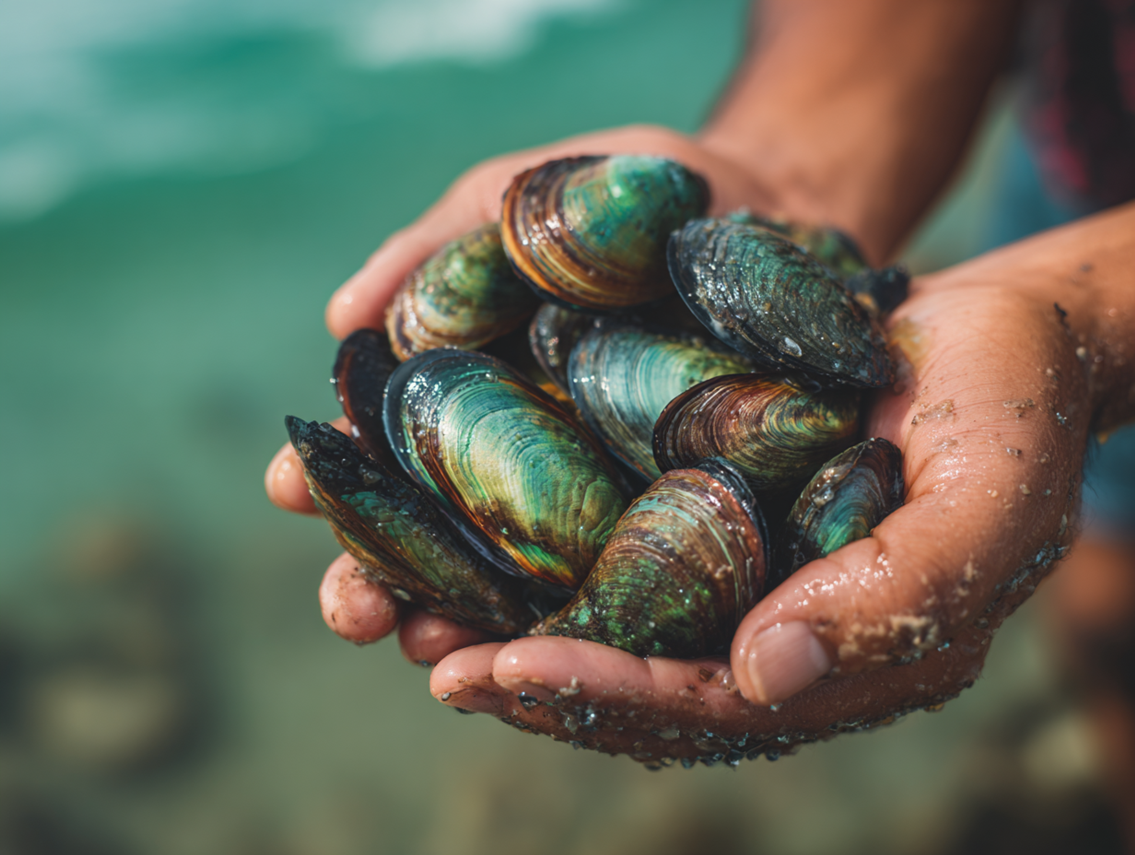 Mains tenant des moules vertes fraîches de Nouvelle-Zélande, ingrédient naturel riche en oméga-3 utilisé pour le soutien articulaire des chiens.