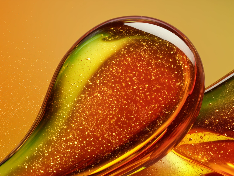 Macro-photographie d’une goutte d’huile dorée et ambrée illustrant la pureté des Oméga-3, avec reflets verts évoquant la différence entre formes phospholipidiques et triglycéridiques.