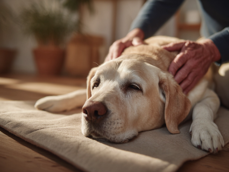 Labrador âgé allongé sur une couverture douce, recevant un massage des épaules par son maître, illustrant le soulagement de l’arthrose grâce au massage canin.