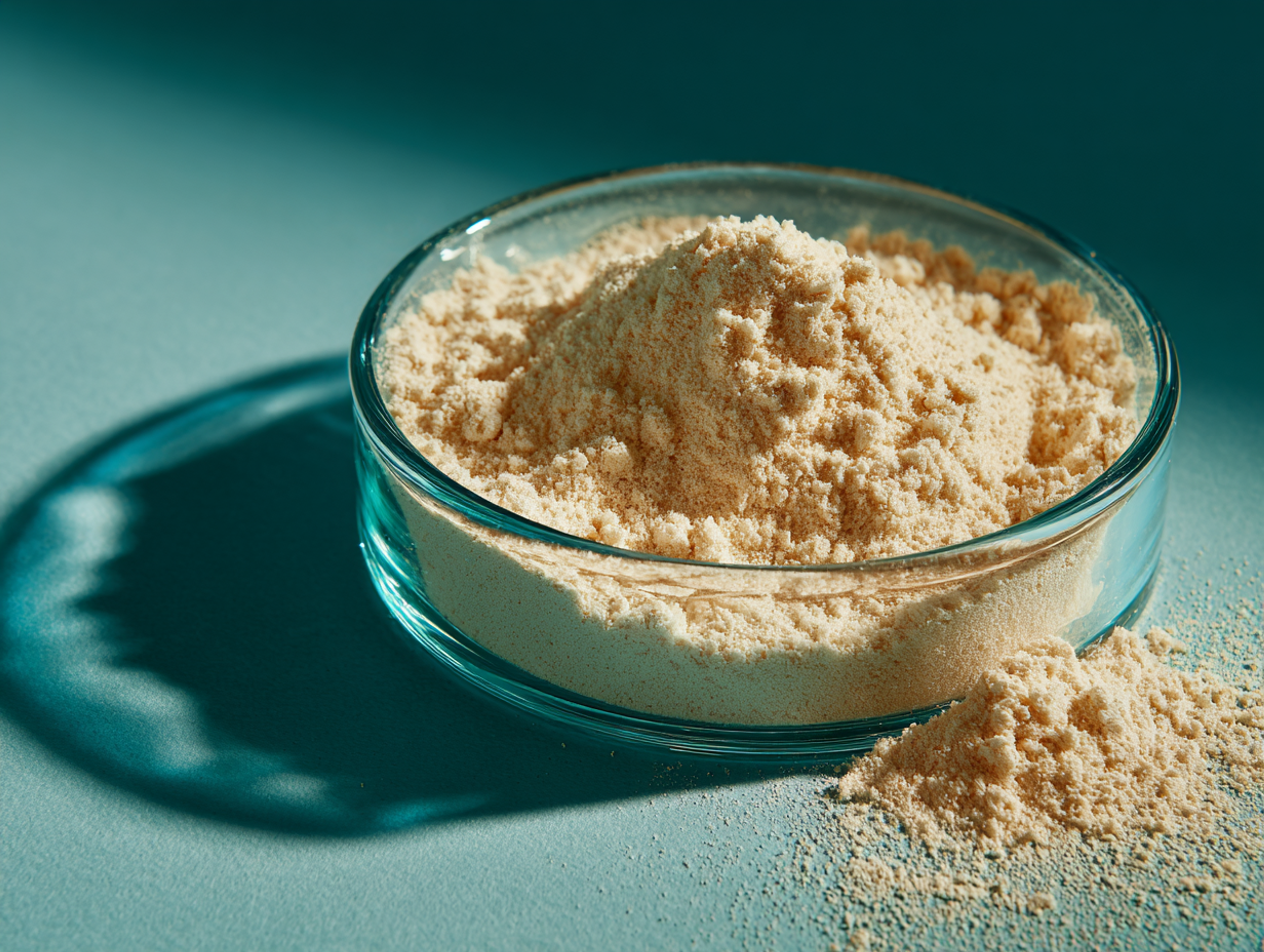 Poudre de collagène hydrolysé, peptides, fine et blanche, présentée en coupelle de laboratoire.