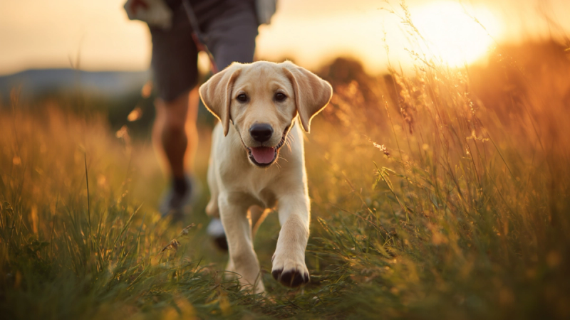 Jeune labrador marchant joyeusement dans un champ au coucher du soleil, accompagné de son maître en arrière-plan, illustrant la vitalité et la mobilité canine.