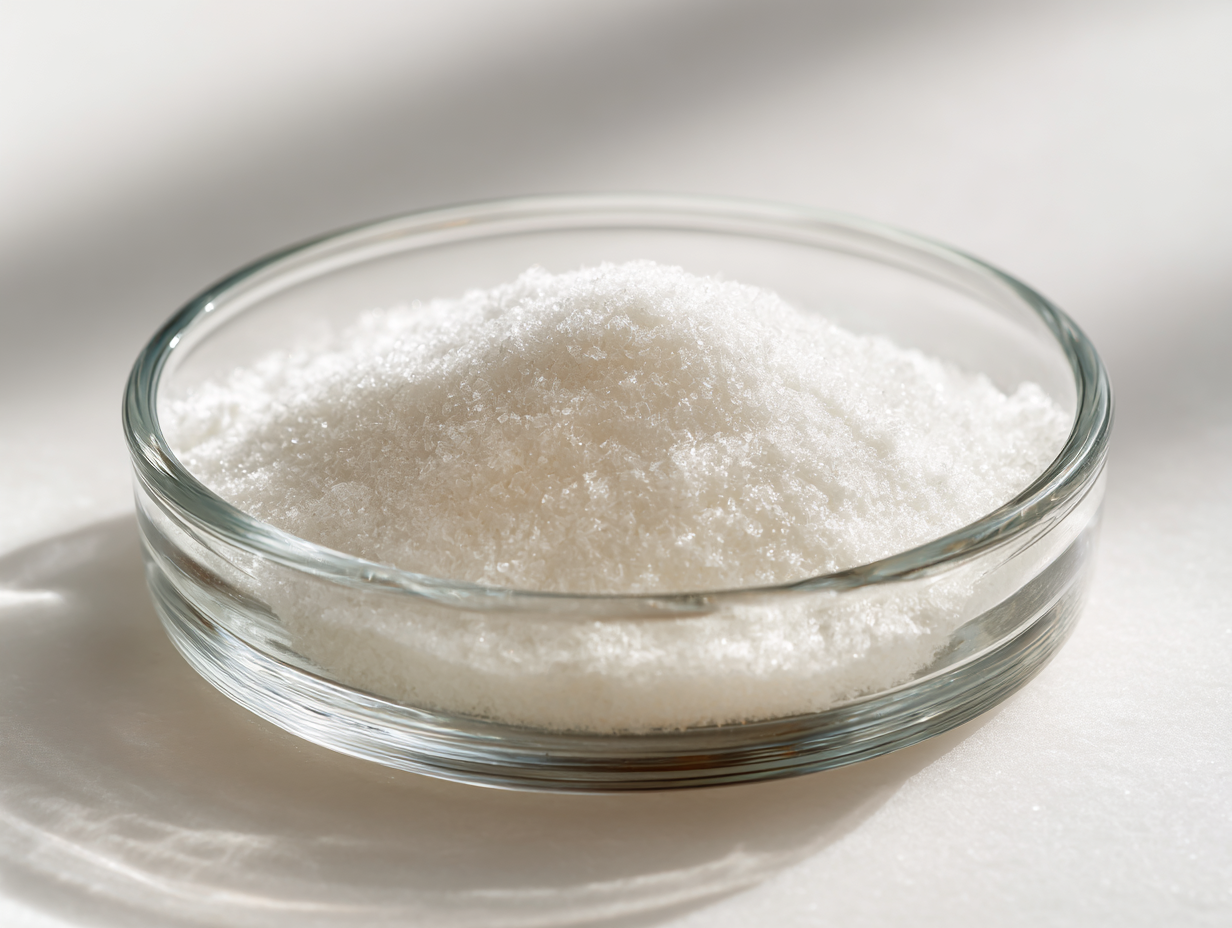 White crystalline synthetic glucosamine powder in a glass lab dish — a common raw material in joint supplements for dogs.