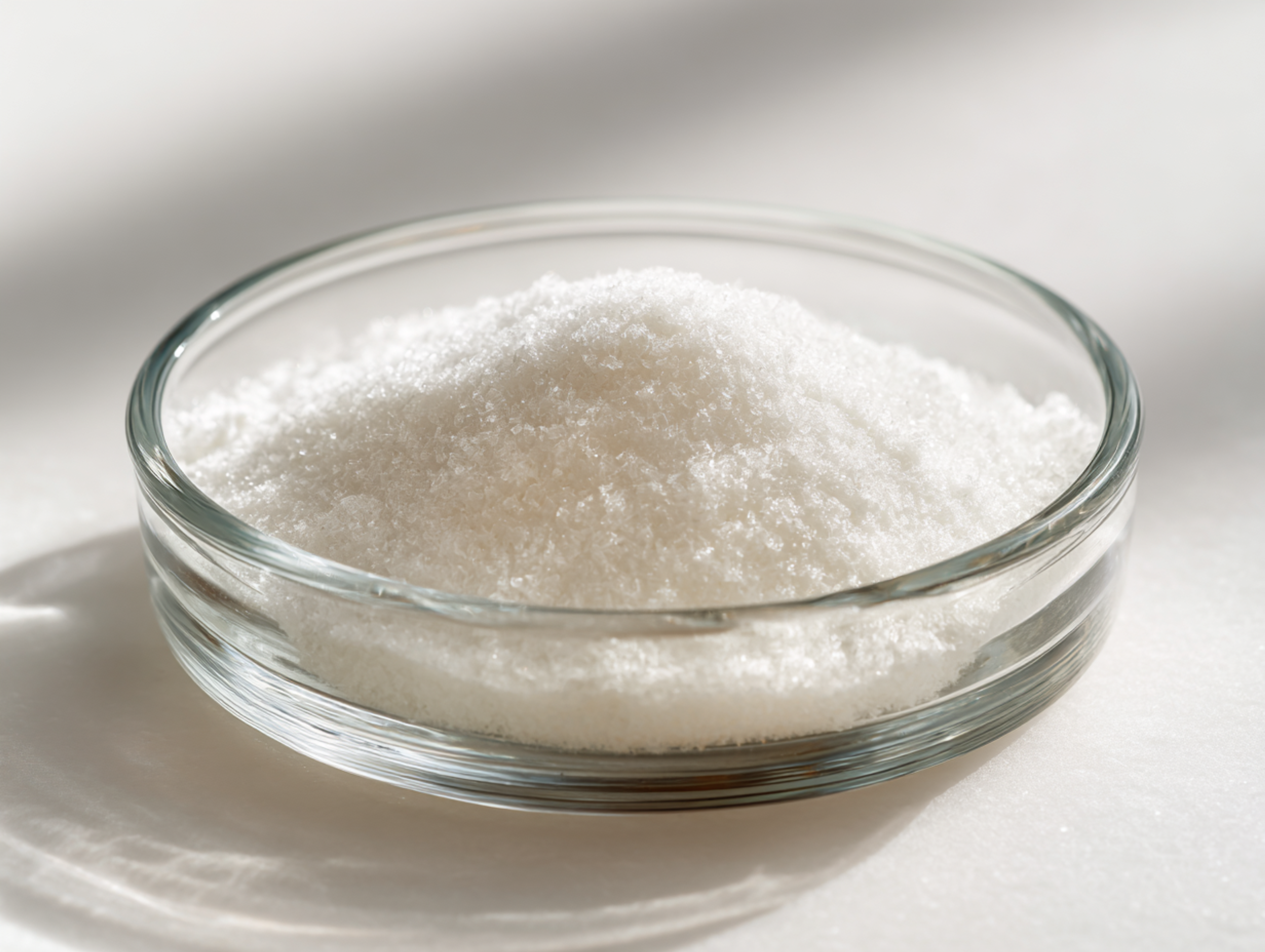 Poudre blanche cristalline de glucosamine synthétique présentée dans une coupelle de laboratoire en verre, utilisée comme matière première pour les compléments articulaires.
