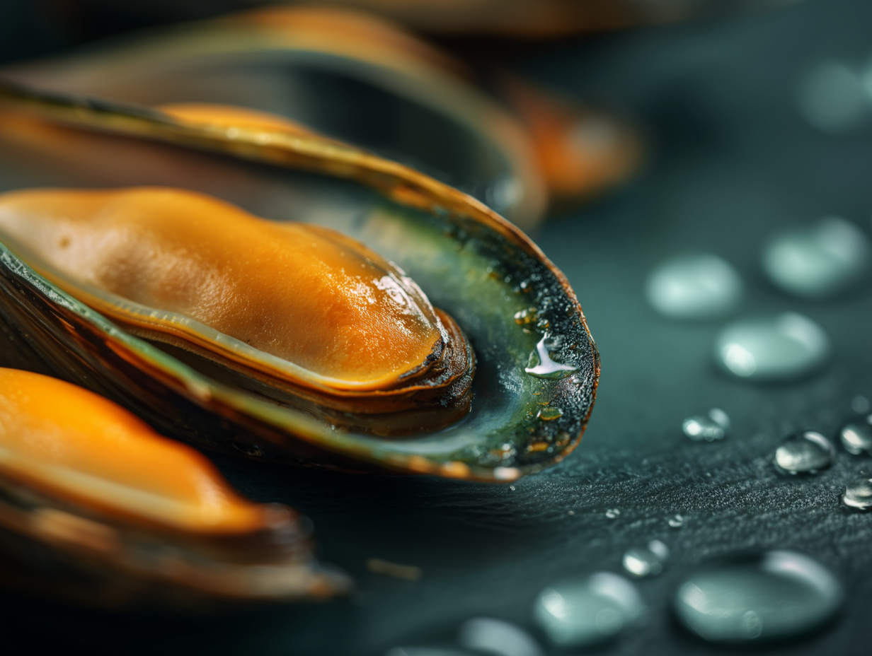 Moule verte de Nouvelle-Zélande entourée par des gouttes d'eau illustrant la pureté de cet ingrédient rare et protégé