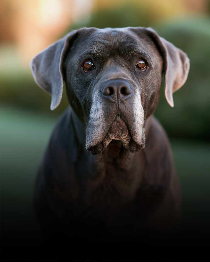 Cane Corso âgé au museau grisonnant, assis dans un jardin, illustrant un article sur les problèmes articulaires chez cette race.