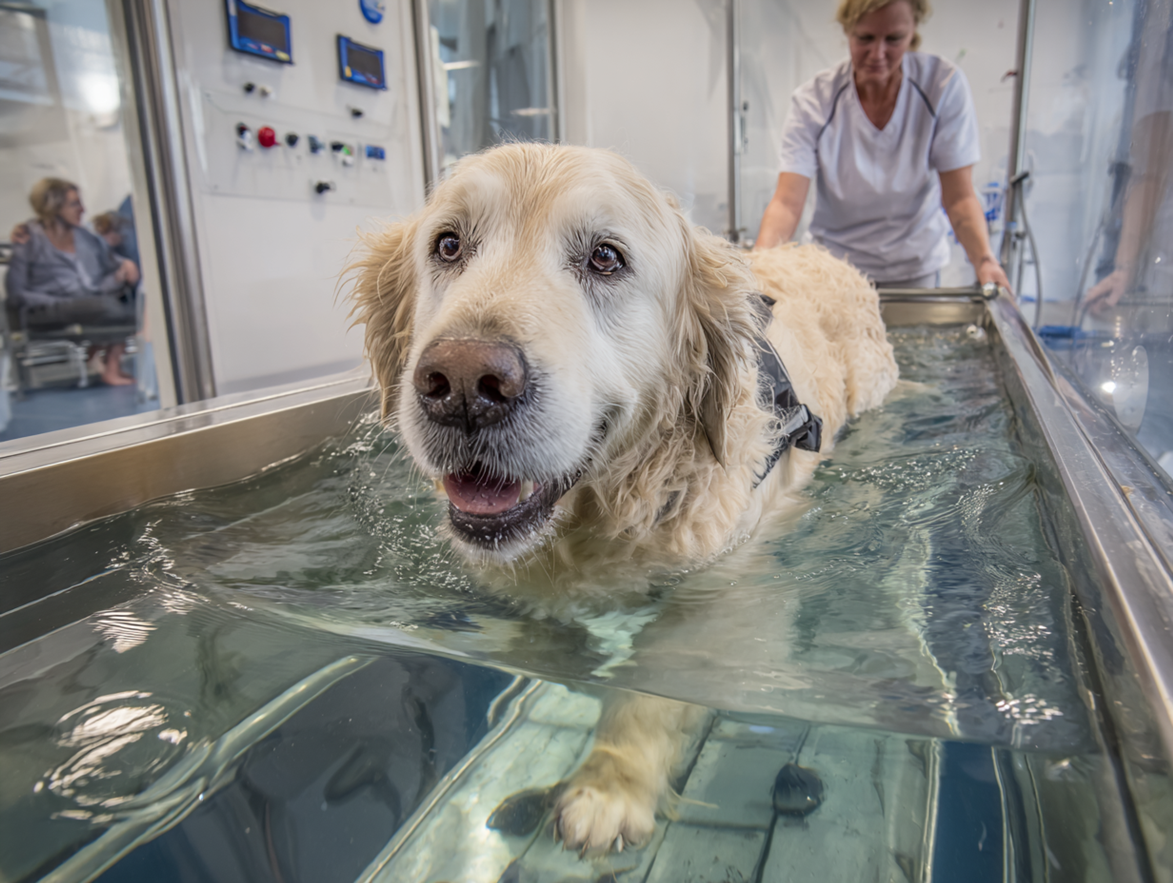 Chien arthrosé faisant de la balnéothérapie en piscine pour renforcer ses muscles sans douleur.