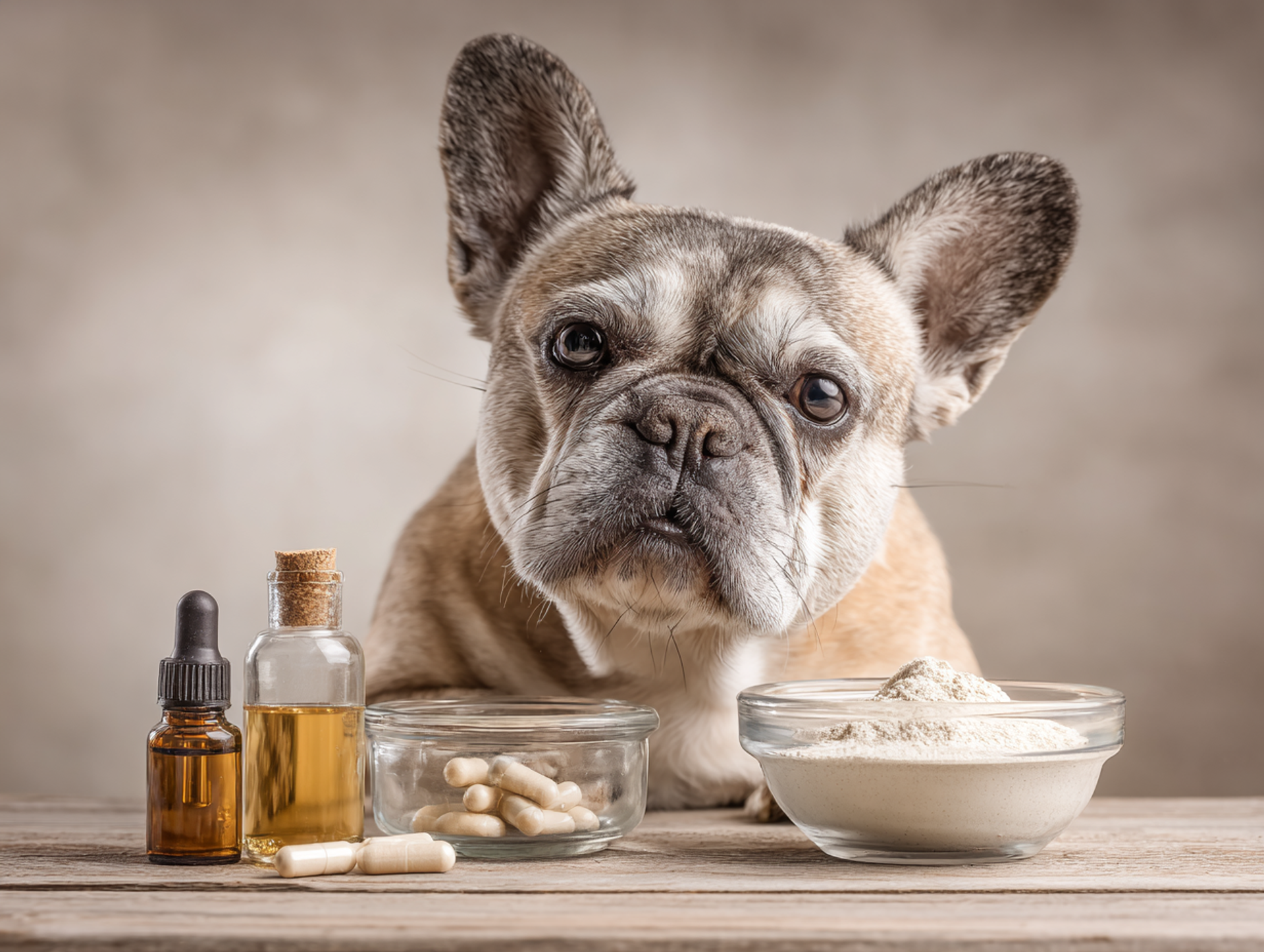 Bouledogue français âgé devant différents compléments articulaires, huile, poudre, comprimé, bouchée, avec un air interrogatif.