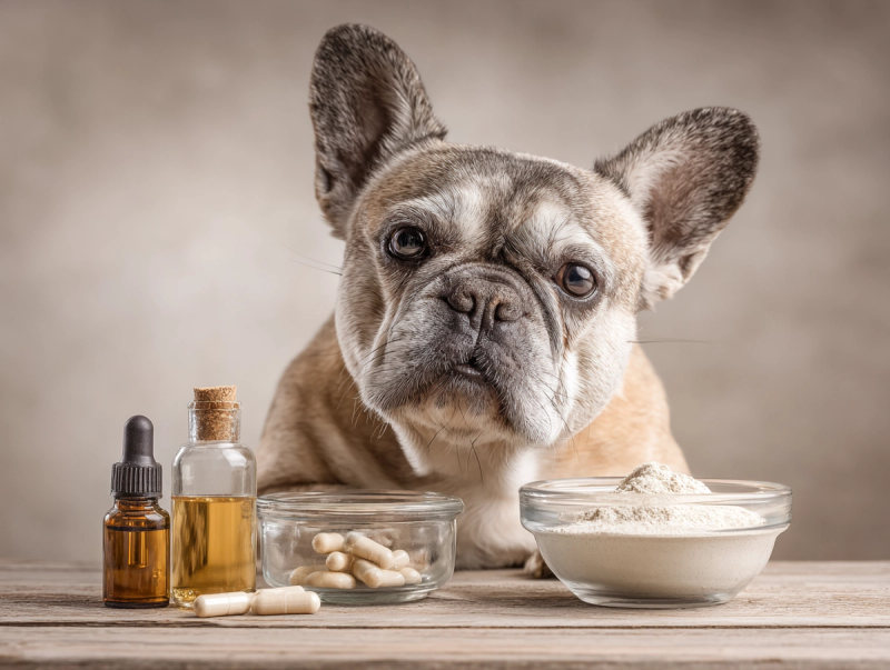 Bouledogue français âgé devant différents compléments articulaires, huile, poudre, comprimé, bouchée, avec un air interrogatif.