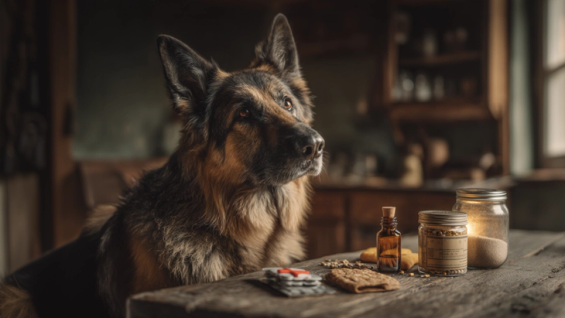 Un chien assis près d'un flacon PERNIXOL