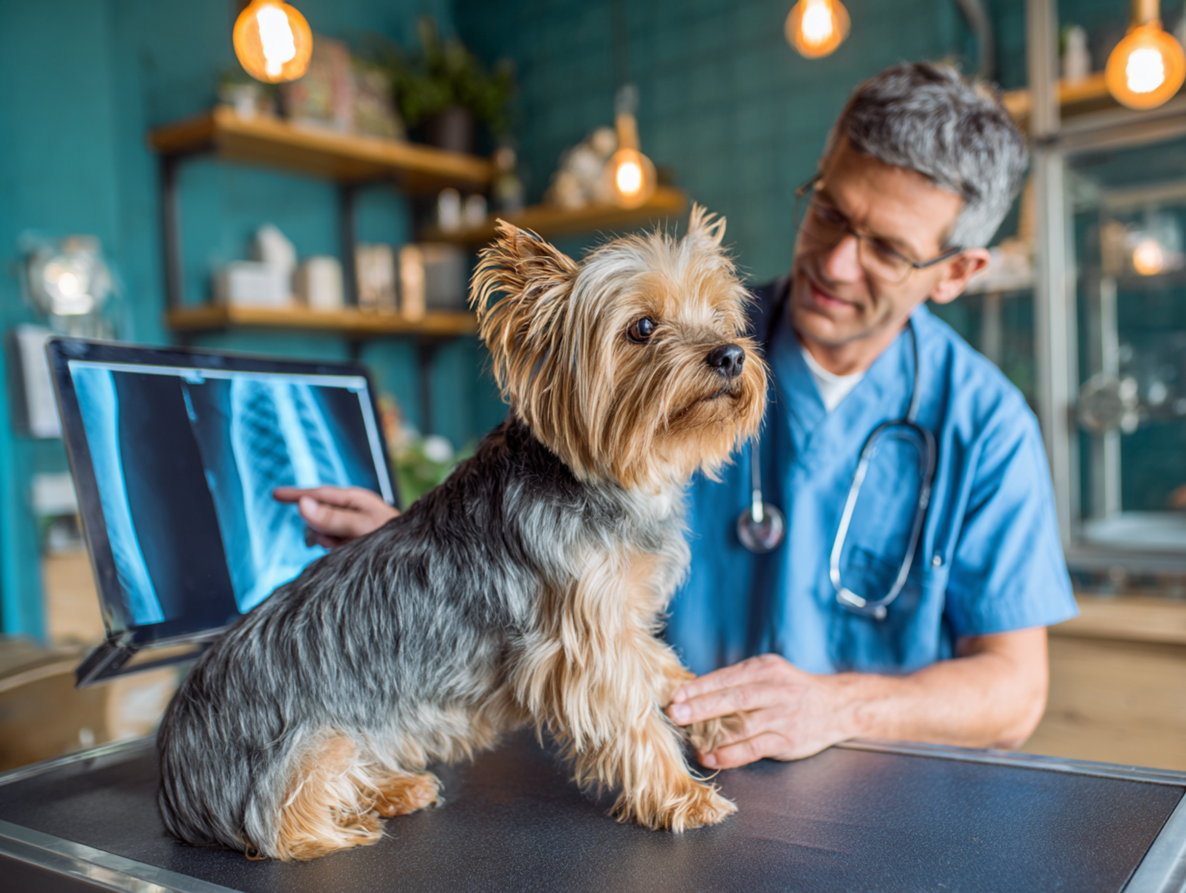 Chien senior examiné par un vétérinaire avec observation d’une radiographie, illustrant les étapes nécessaires pour identifier l’origine exacte d’une boiterie.