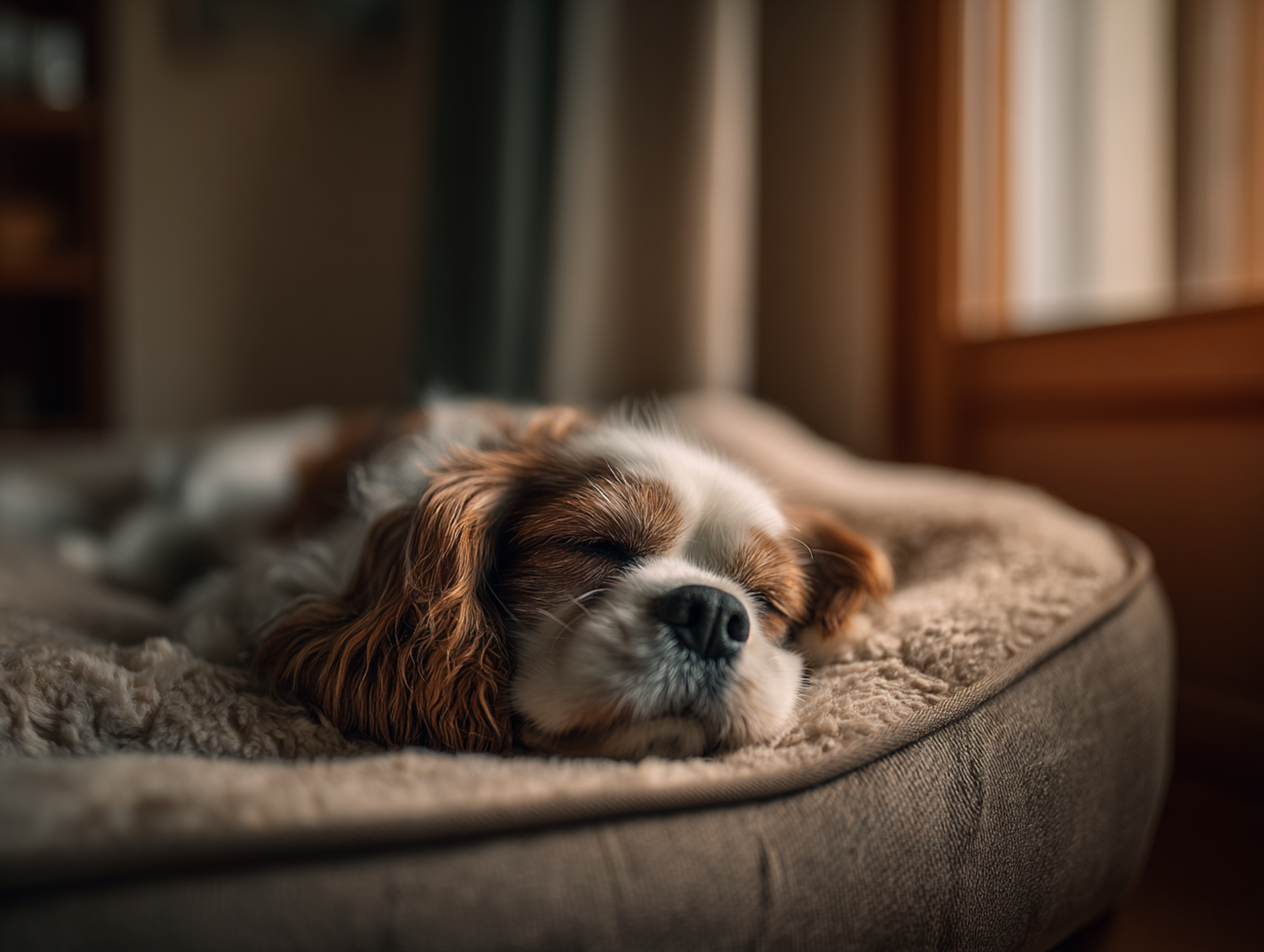 Très vieux Cavalier King Charles dormant paisiblement sur un lit orthopédique moelleux à rebords, dans un intérieur lumineux et chaleureux, symbole de confort et de récupération articulaire.