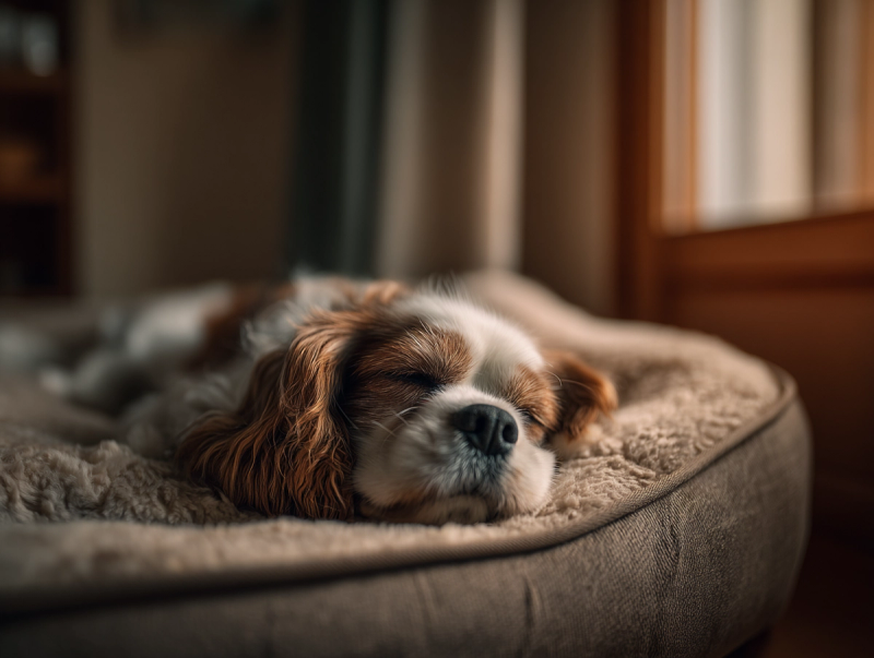 Très vieux Cavalier King Charles dormant paisiblement sur un lit orthopédique moelleux à rebords, dans un intérieur lumineux et chaleureux, symbole de confort et de récupération articulaire.