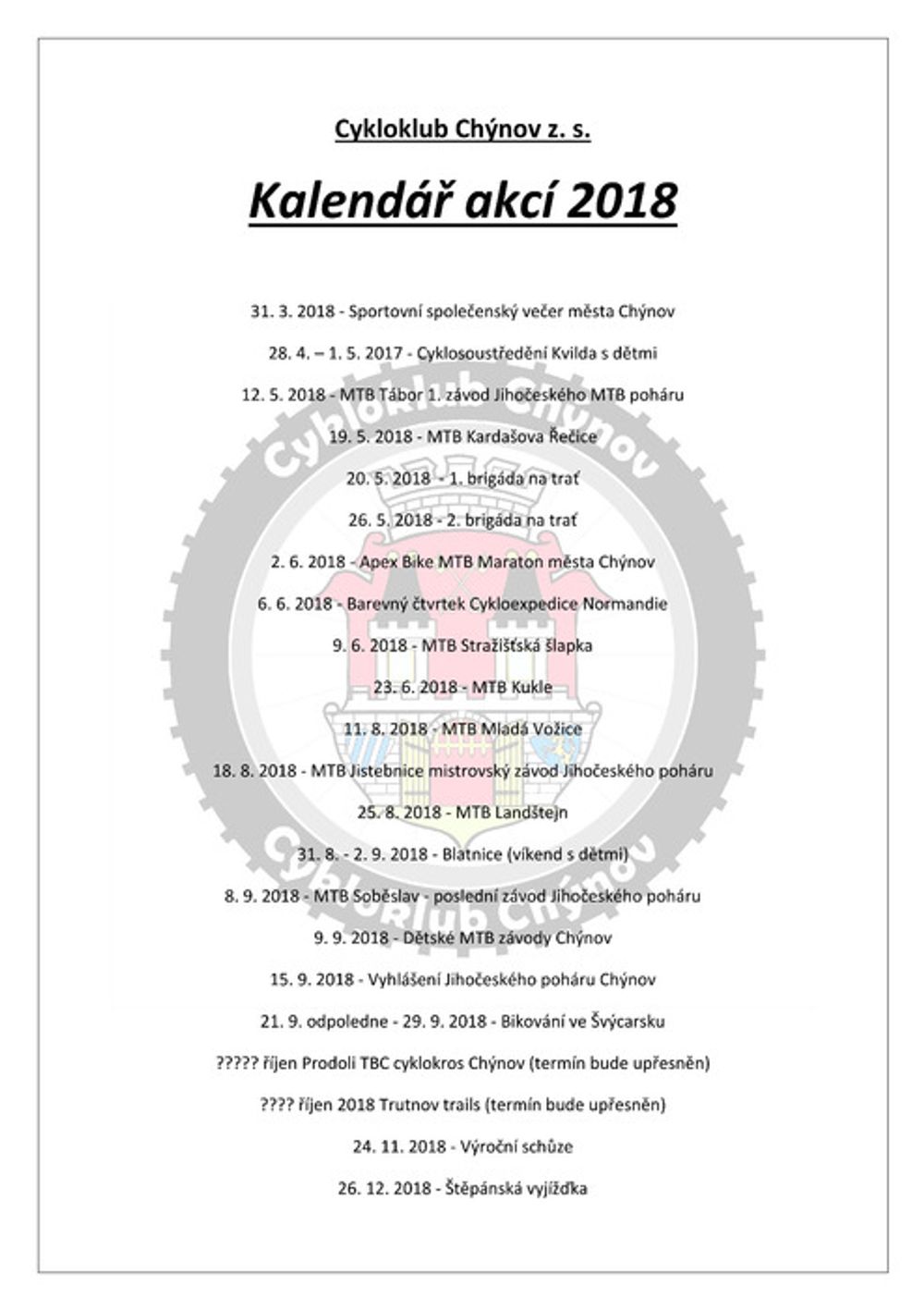 Kalendář akcí 2018