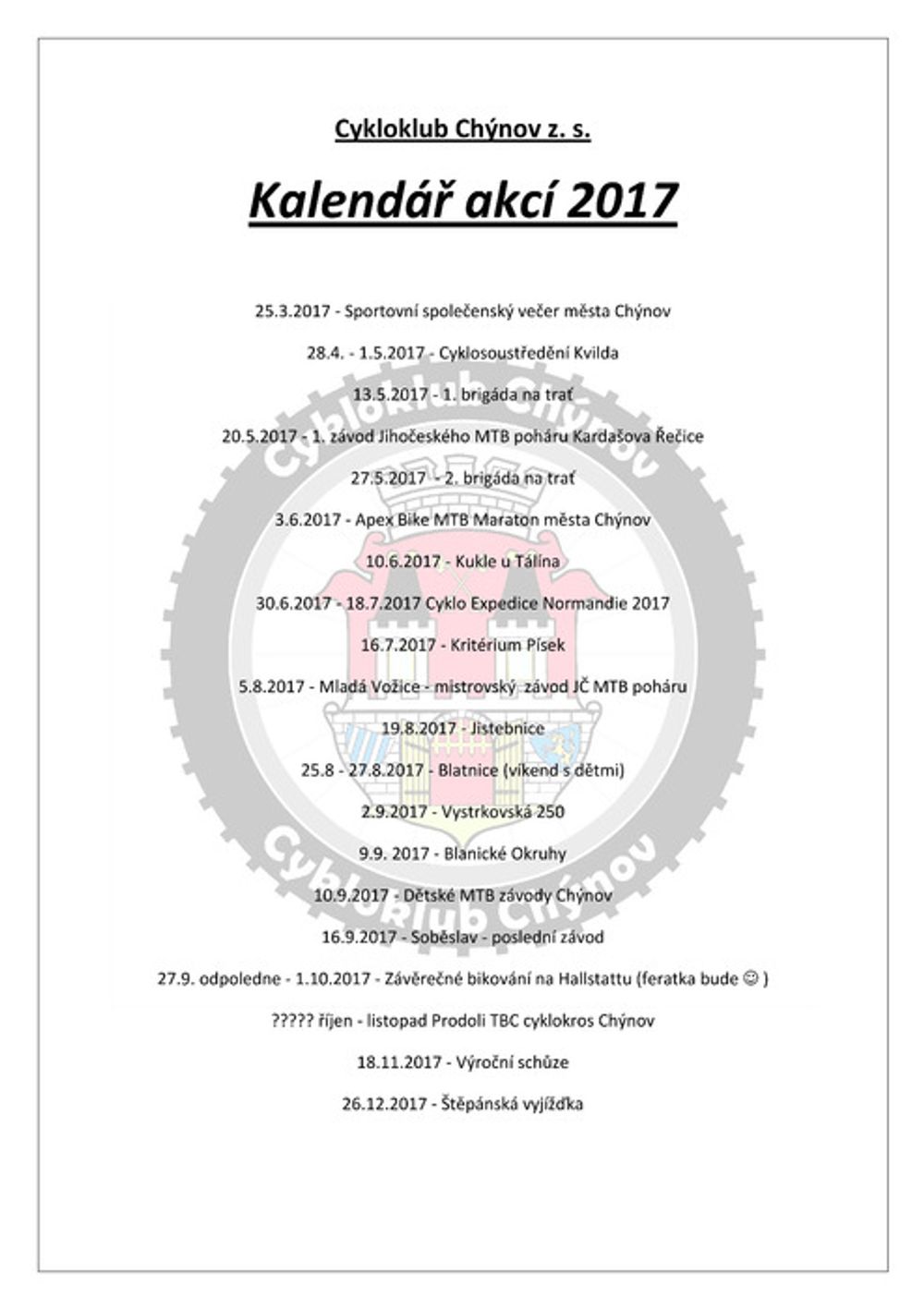 Kalendář akcí 2017