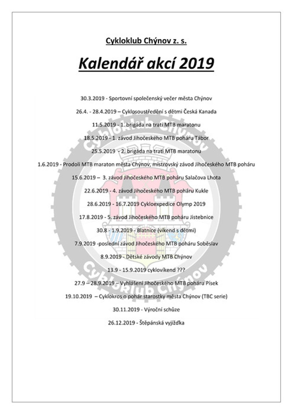 Kalendář akcí 2019