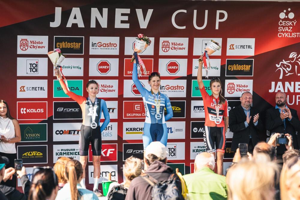 Stupně vítězů žen před stěnou JANEV Cup — Cyklokros Chýnov 2026, JANEV Cup, foto Martin Kozojed