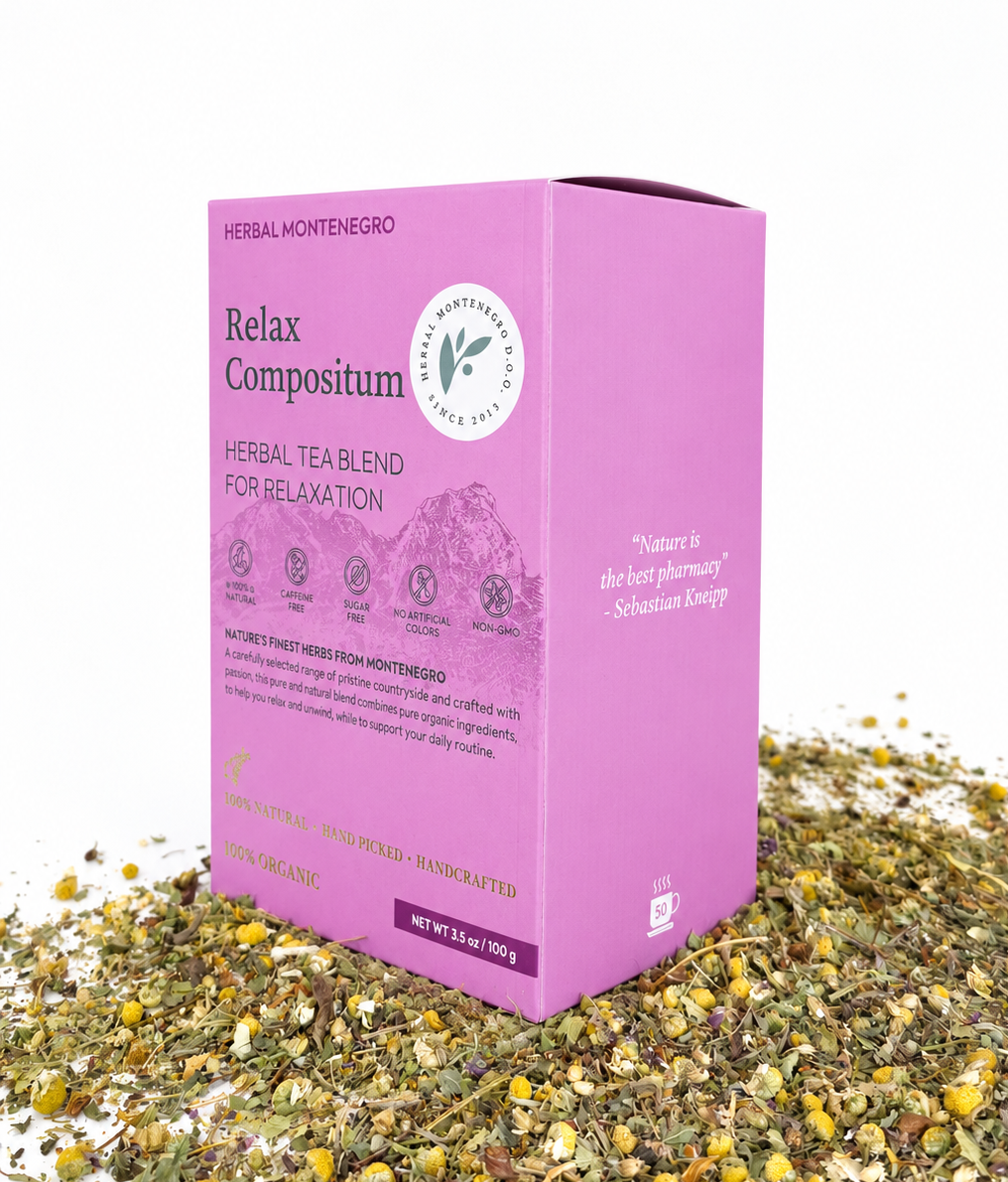 A pink box of Herbal Montenegro Relax Compositum herbal tea surrounded by dried herbs against a white background.
