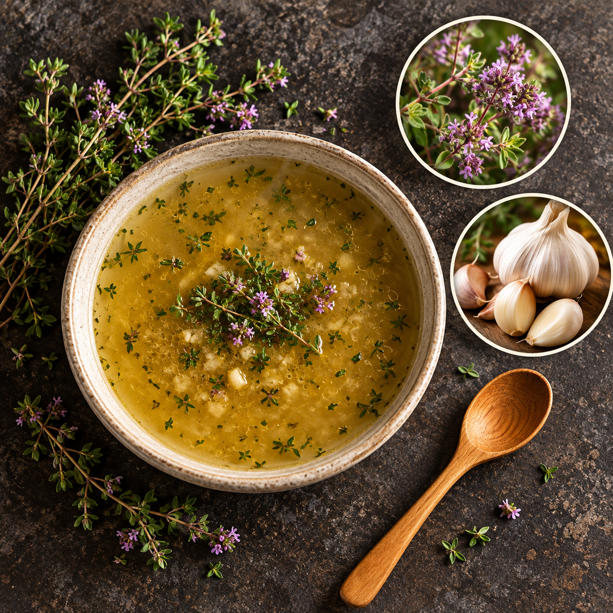 A bowl of soup with thyme and garlic, surrounded by fresh thyme sprigs, a wooden spoon and close-up details of the ingredients on a dark stone surface.