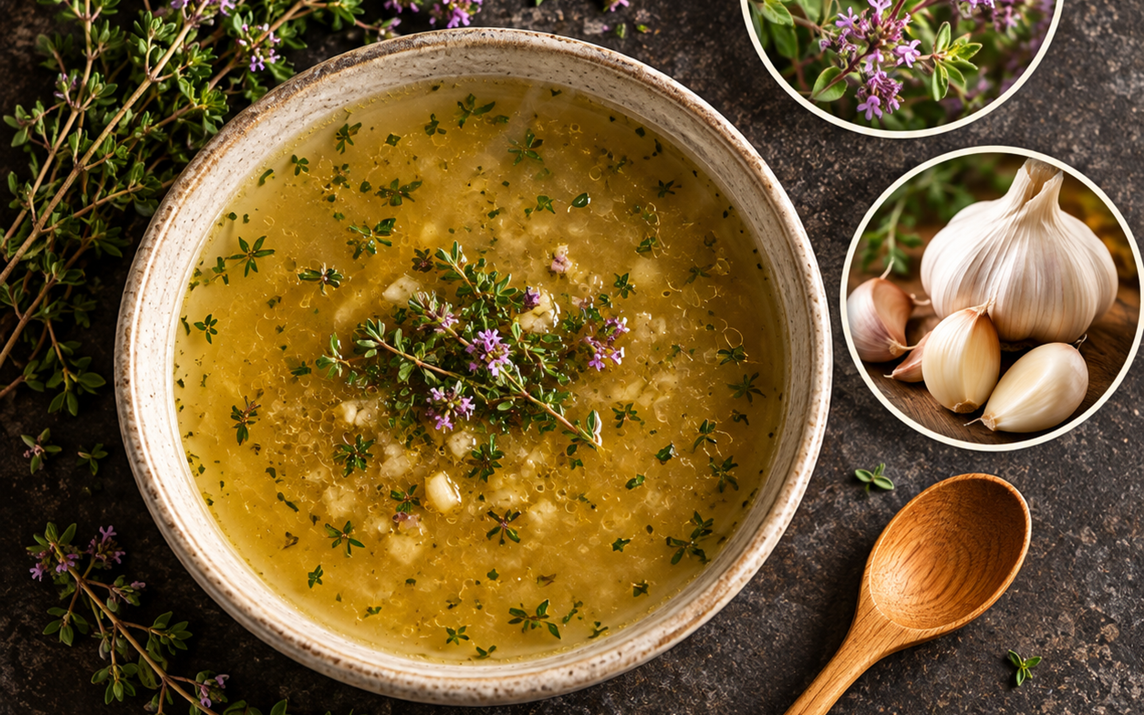 A bowl of soup with thyme and garlic, surrounded by fresh thyme sprigs, a wooden spoon and close-up details of the ingredients on a dark stone surface.