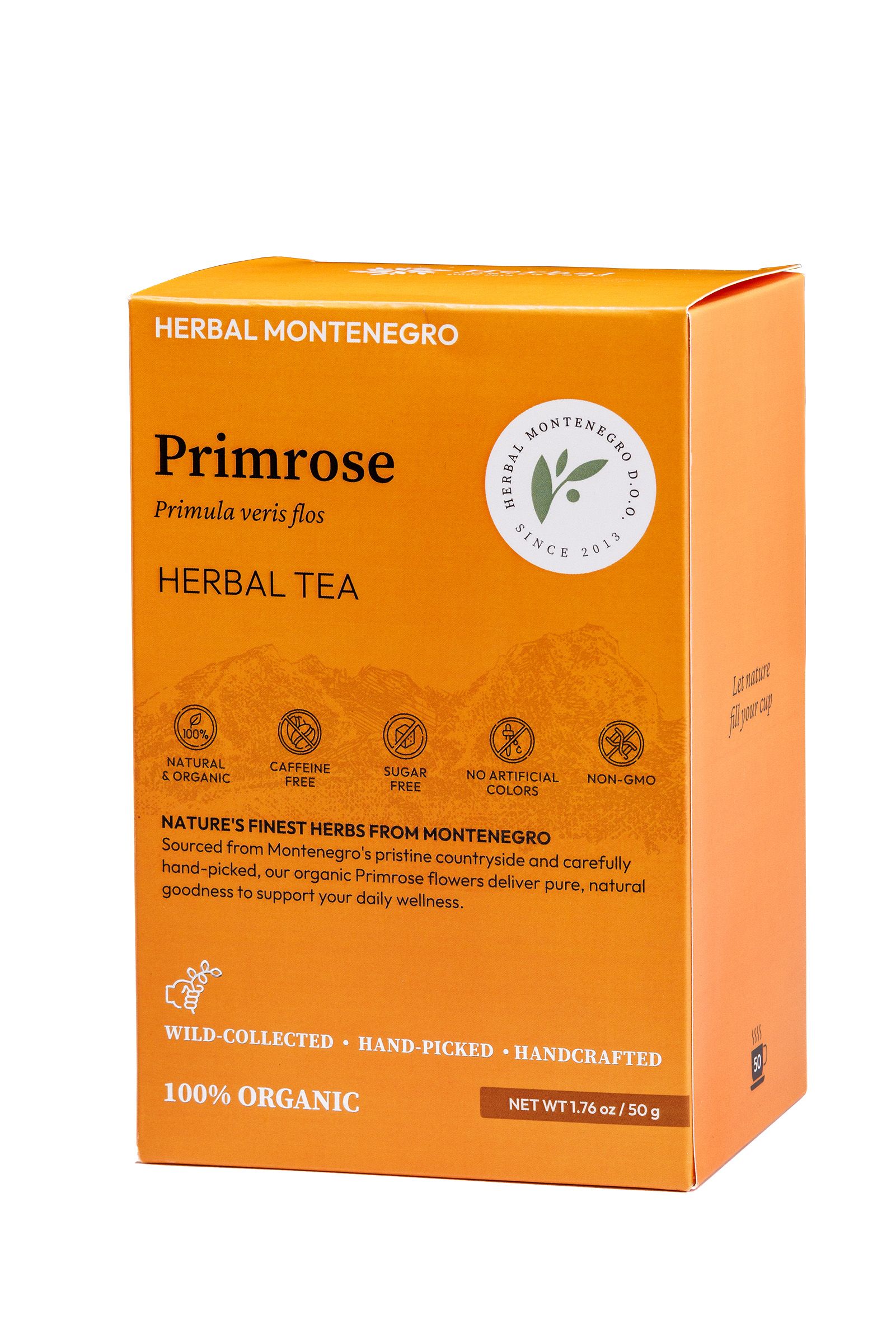 An orange box of Herbal Montenegro Primrose organic herbal tea surrounded by dried primrose.