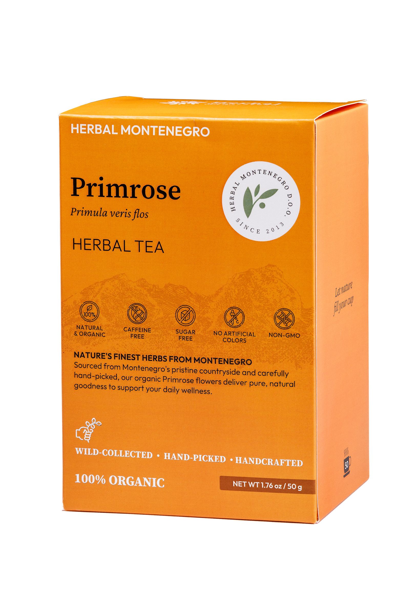 An orange box of Herbal Montenegro Primrose organic herbal tea surrounded by dried primrose.