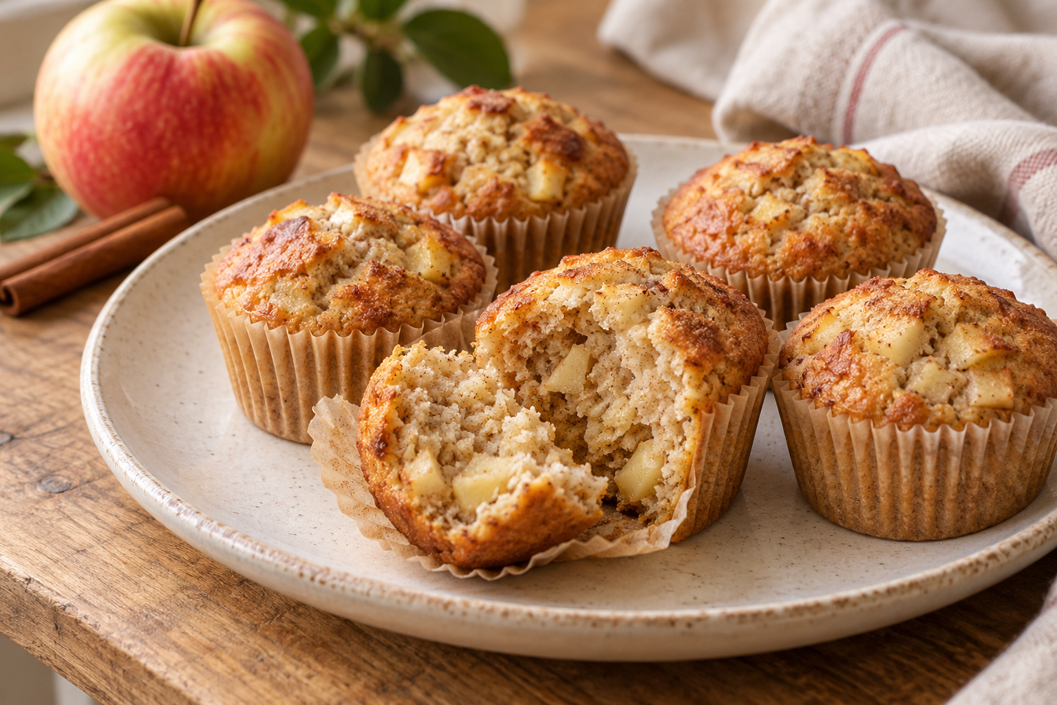 Apple and cinnamon muffins on a ceramic plate, one broken open to reveal apple pieces, with a fresh apple and cinnamon sticks nearby.