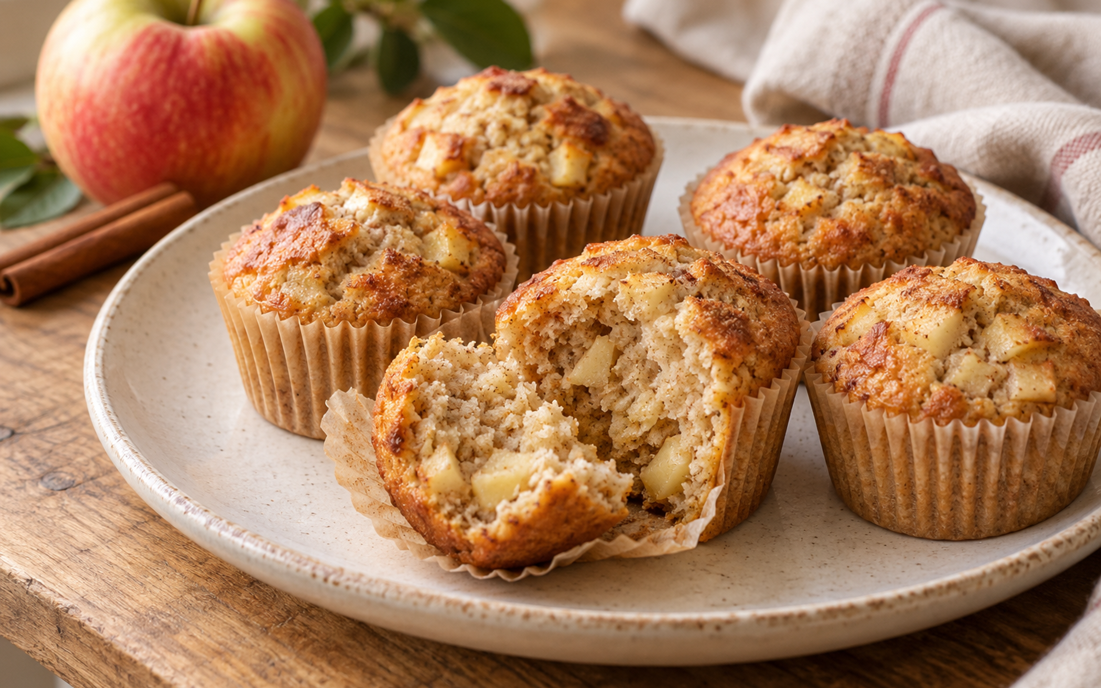 Apple and cinnamon muffins on a ceramic plate, one broken open to reveal apple pieces, with a fresh apple and cinnamon sticks nearby.