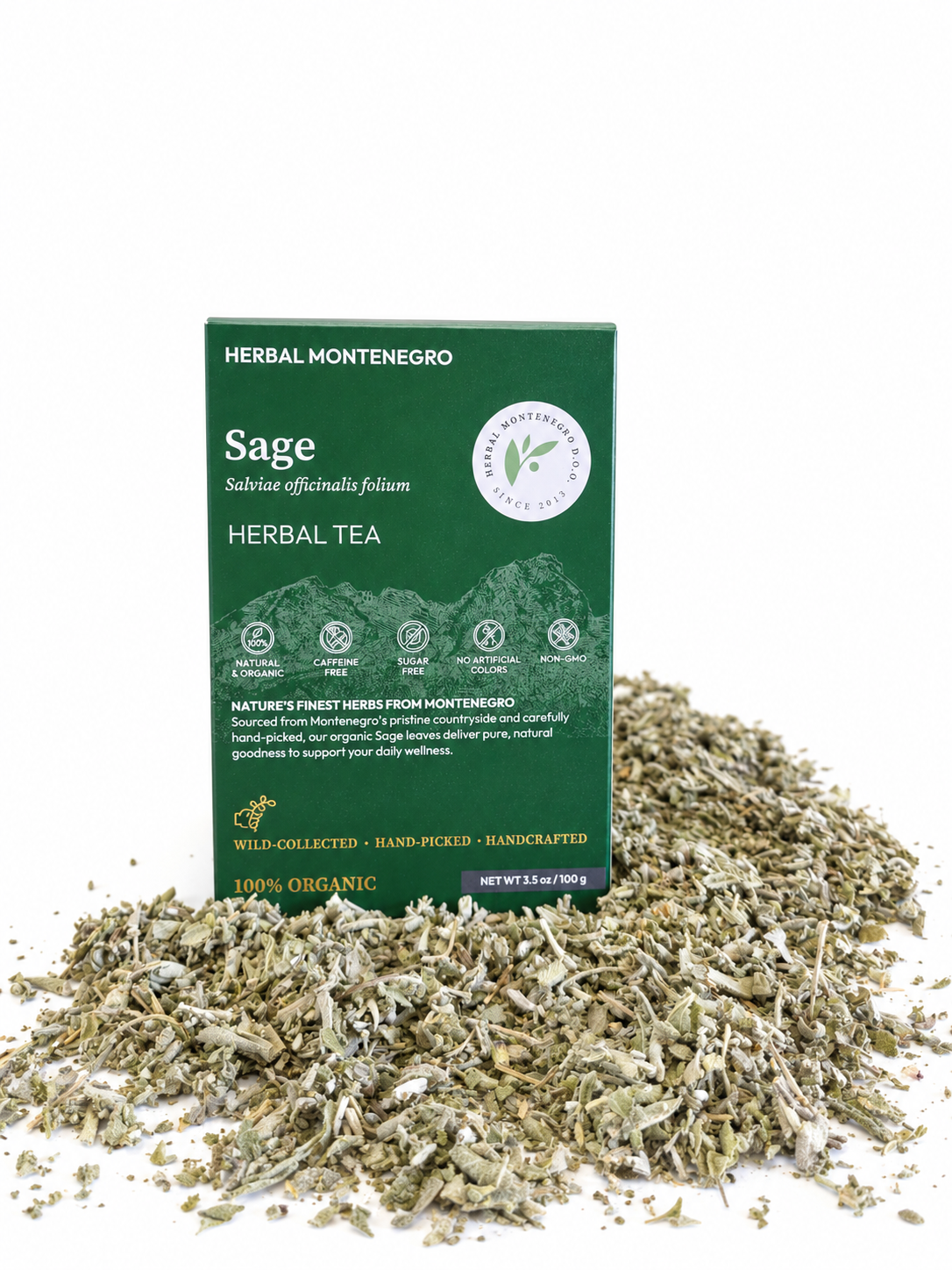 Herbal Montenegro sage tea packaging with dried sage leaves.