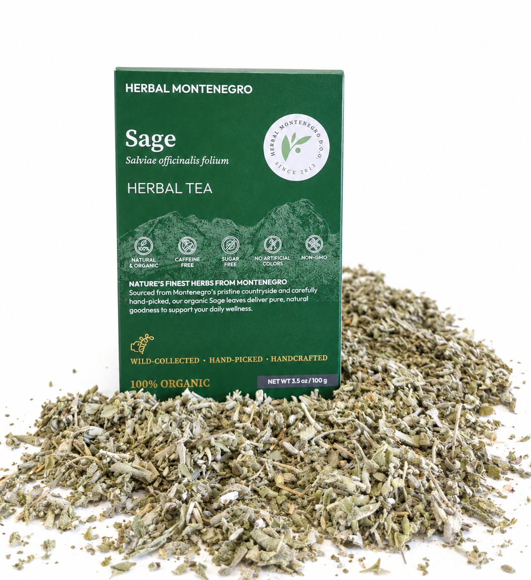 Pakovanje čaja od žalfije Herbal Montenegro sa sušenim listovima žalfije.