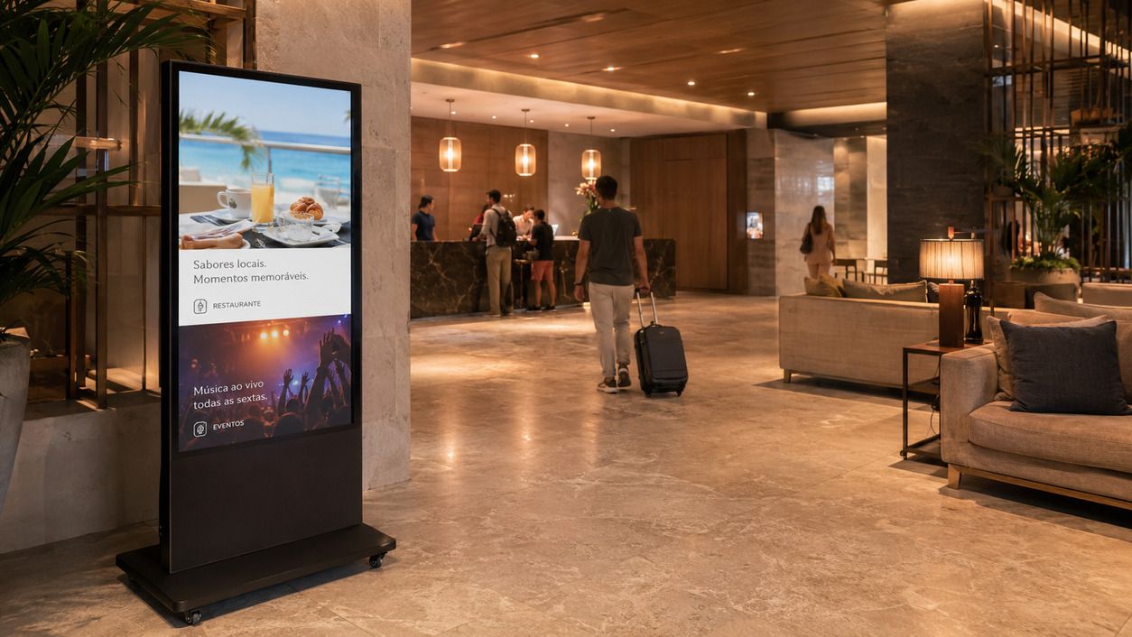 Mupi digital instalado num lobby de hotel para comunicação com hóspedes, eventos e serviços internos