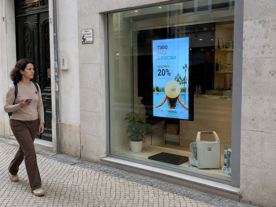 Escaparate digital de alto brillo compitiendo por la atención de personas que pasan por la calle con el móvil