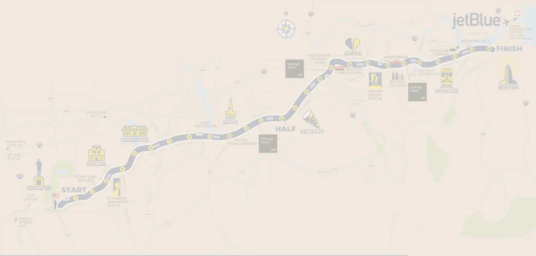 The Boston Marathon course — Hopkinton to Boston