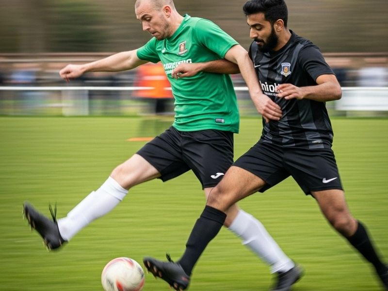 Action shot of football players competing for the ball during a match on the indoor