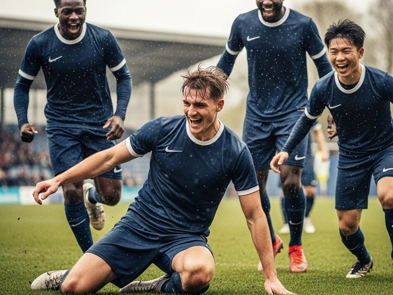 Players in blue jerseys celebrating a goal together on the football field