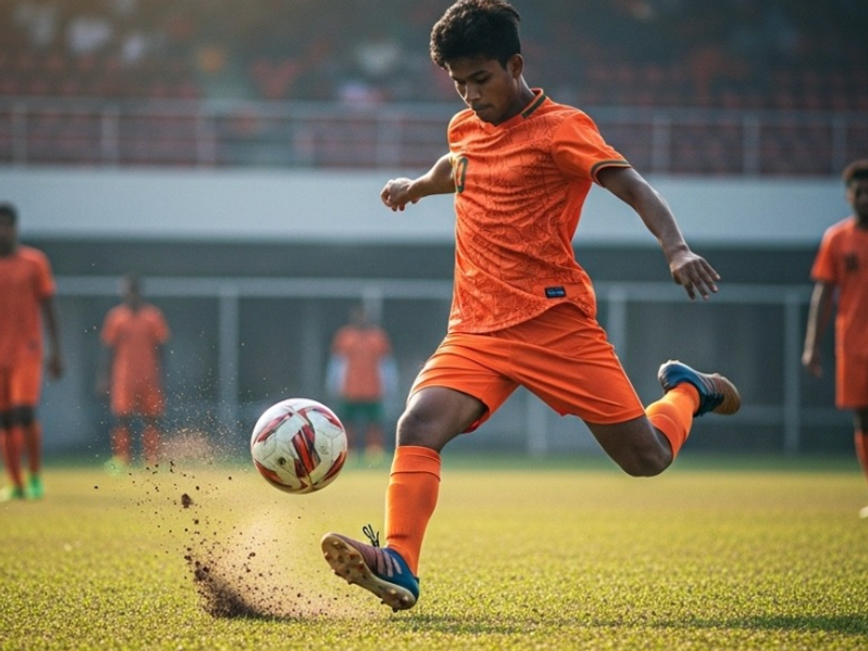 Action shot of football players competing for the ball during a match on the indoor turf.