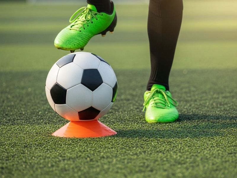A close-up of a classic black and white football resting on the vibrant green artificial grass