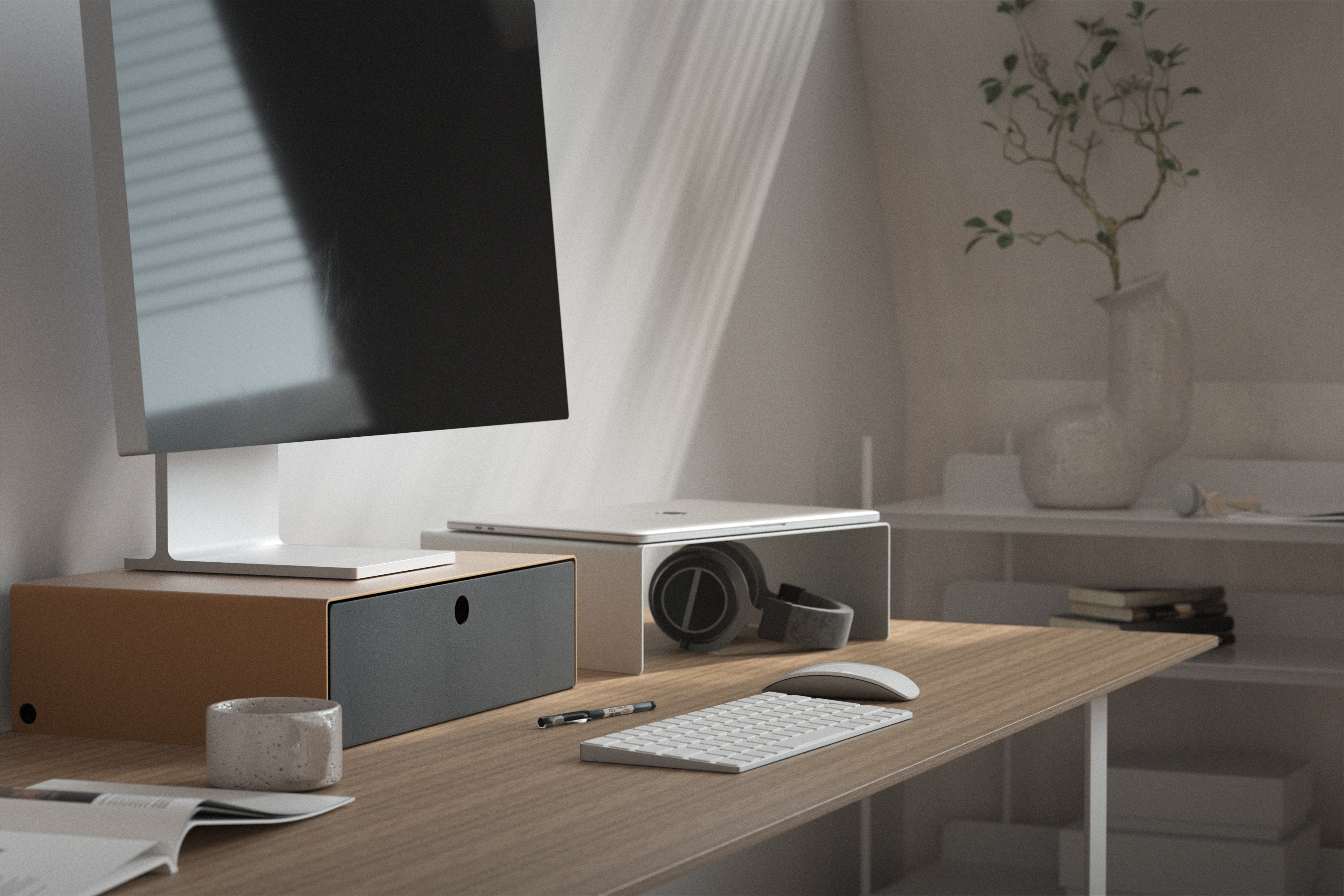 Laptop on the stand with a Drawer underneath 