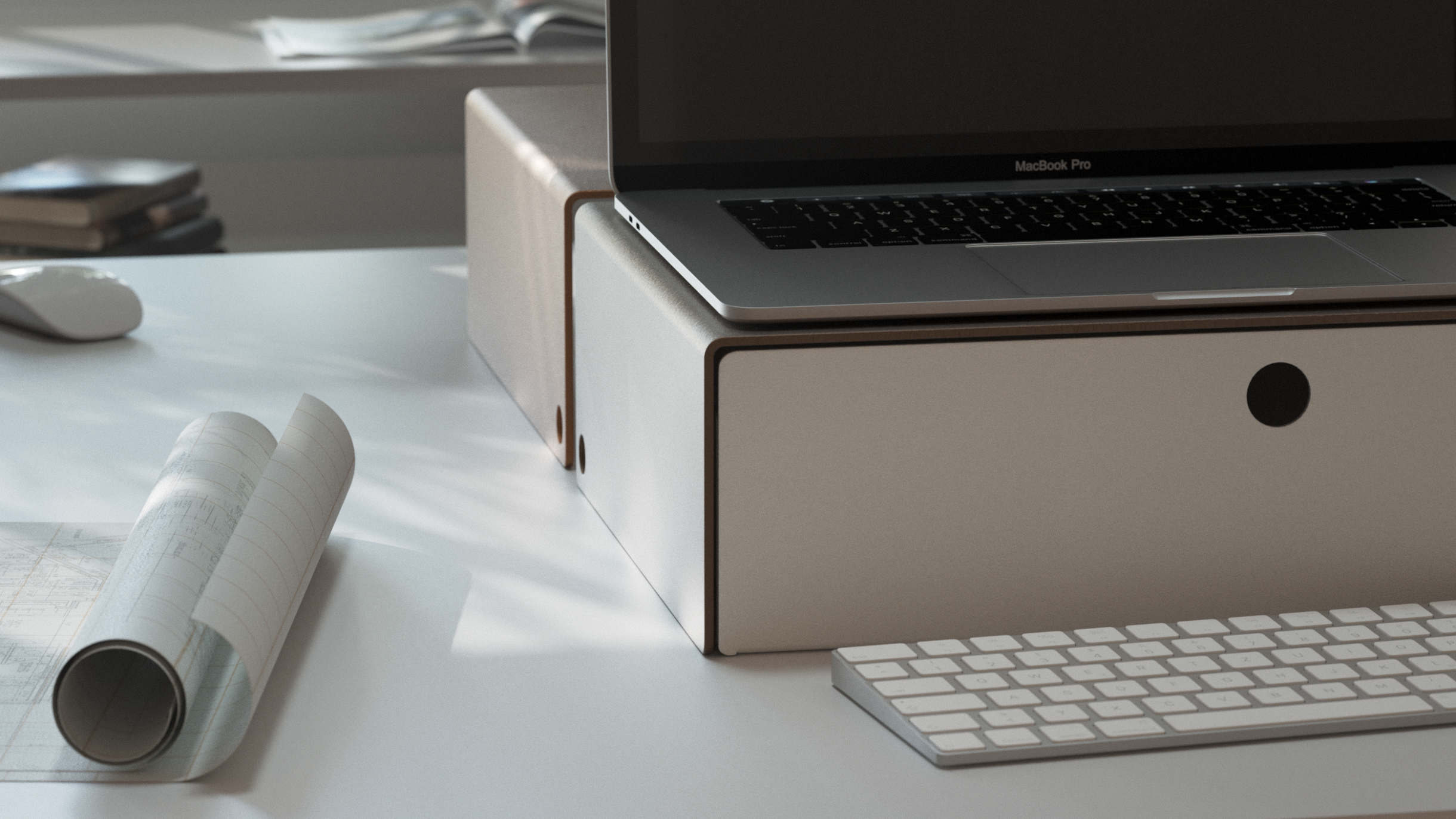Laptop on the stand with a Drawer underneath 