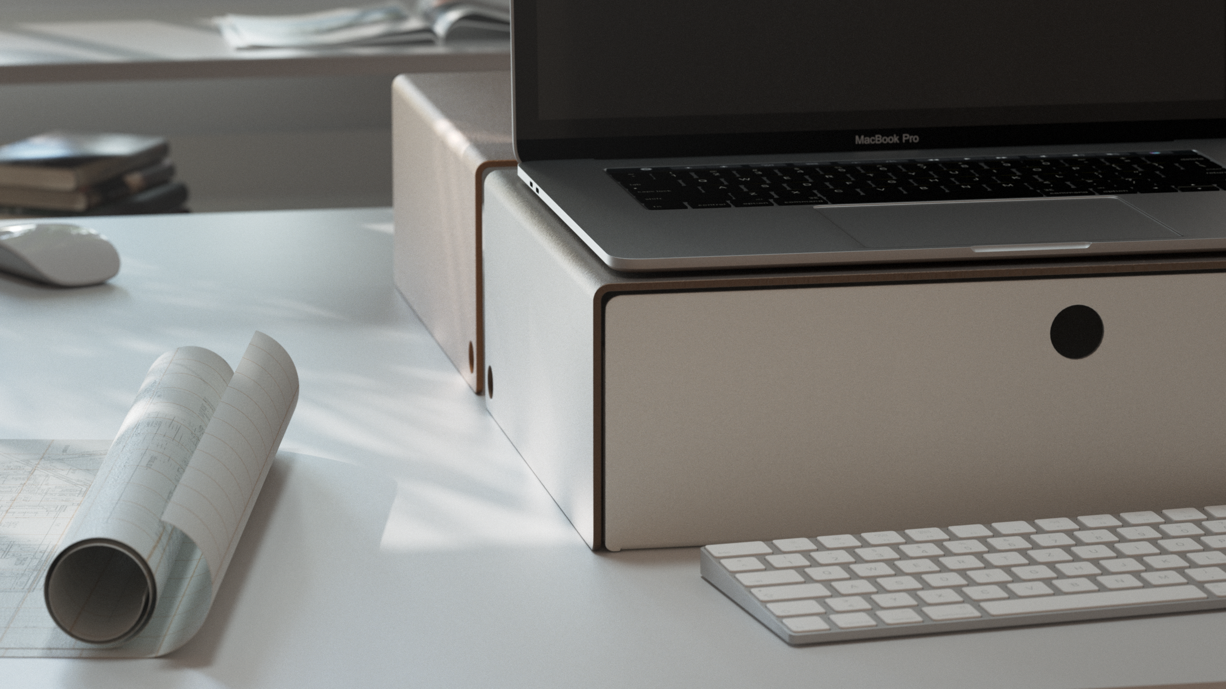 Laptop on the stand with a Drawer underneath