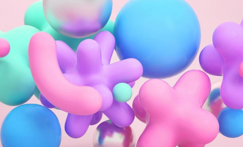 Erimuotoisia 3D-kuvioita monivärisellä taustalla