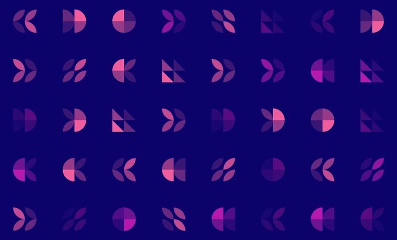 На фоне фиолетовых и розовых оттенков, заполненных различными геометрическими фигурами.