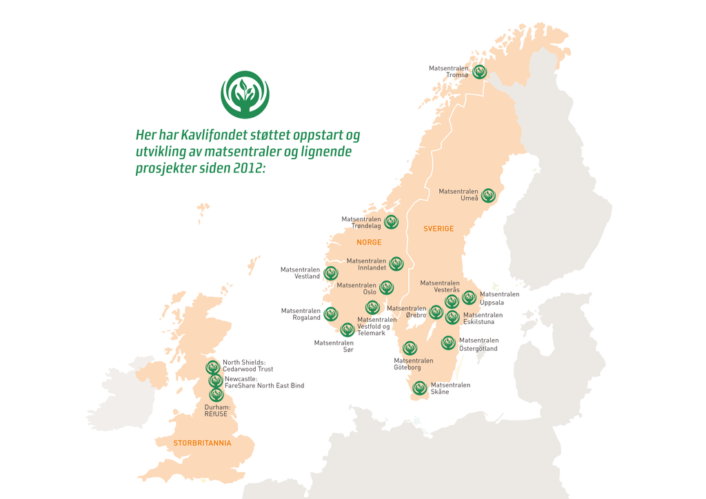 Map of food hubs in Norway, Sweden and the UK