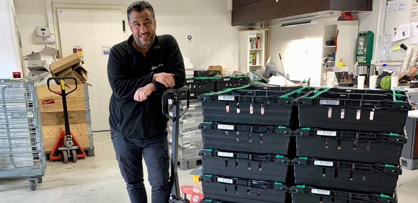 Sala works as a driver and warehouse assistant at Matsentralen Oslo. Here he is photographed in the warehouse