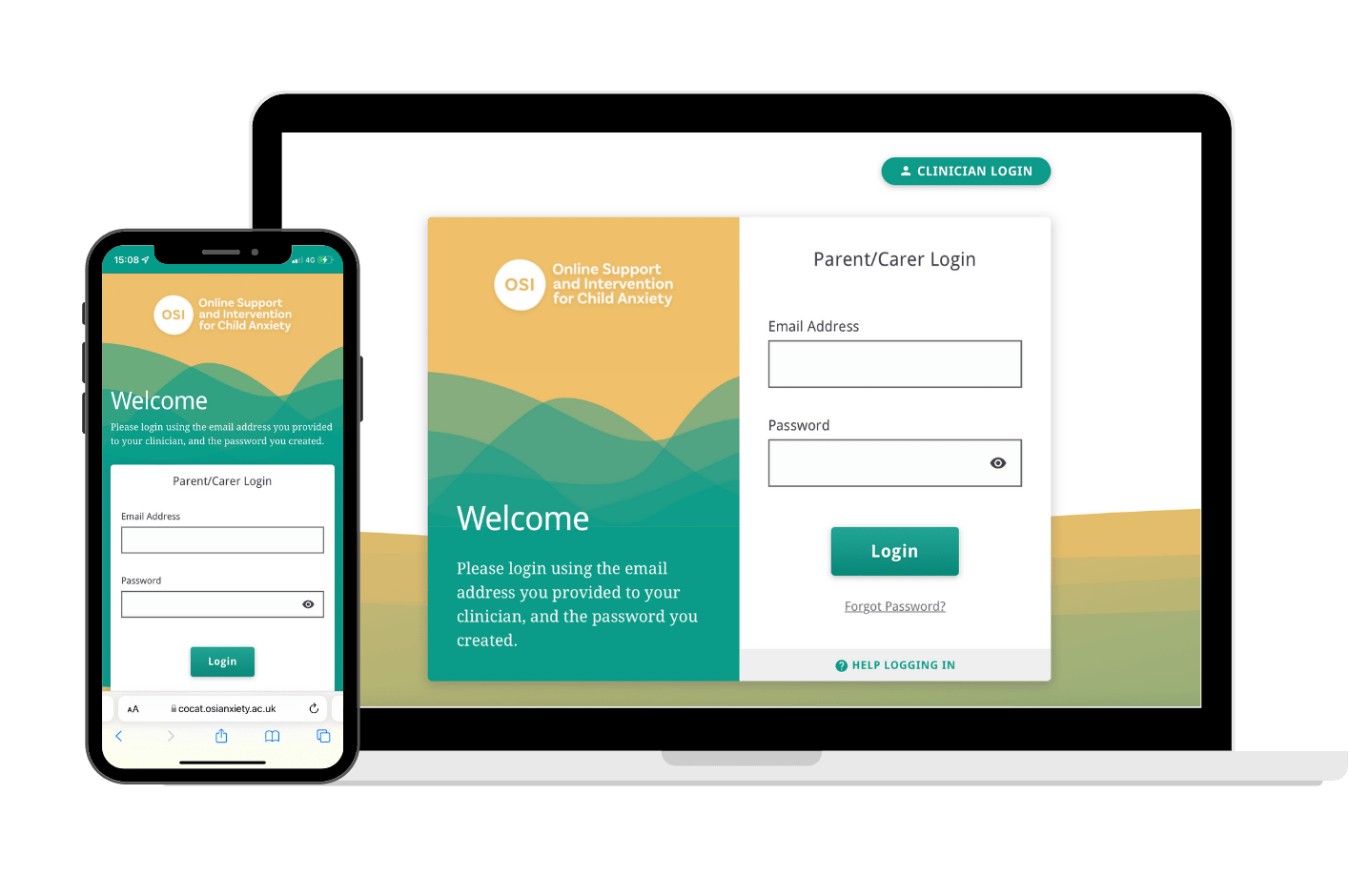 Illustration of the digital parenting tool OSI (Online Support and Intervention for child anxiety) on a smartphone and laptop screen.
