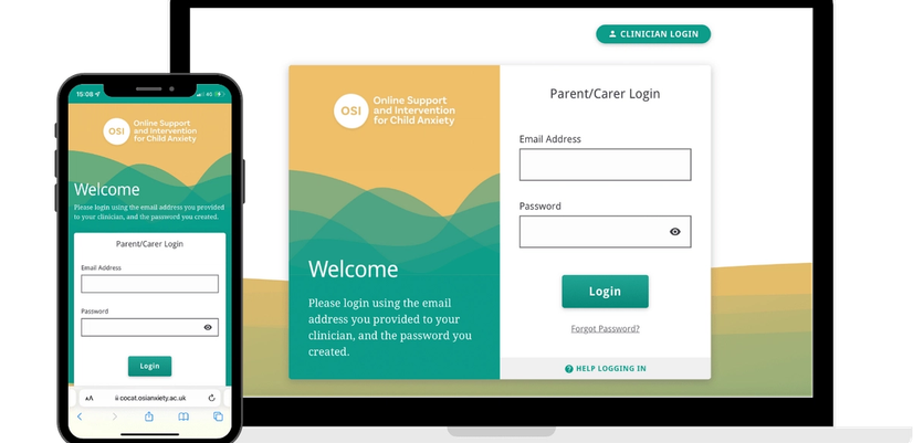 Illustration of the digital parenting tool OSI (Online Support and Intervention for child anxiety) on a smartphone and laptop screen.