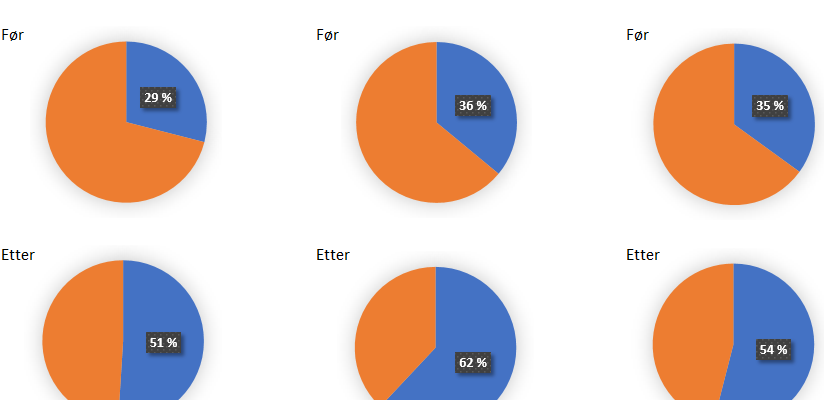 Kakediagrammer som viser resultatene fra regning, skriving og lesing uttrykt i prosentpoeng.