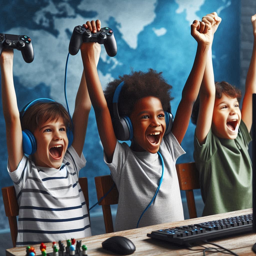 tre barn med hendene i været foran en skjerm med høretelefoner 