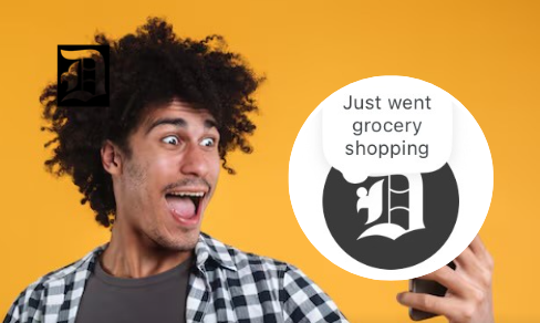 Man going wow at phone, Dunedin Herald instagram note "just went grocery shopping"