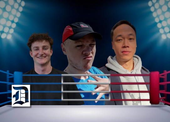 Mike Man, Daniel Leamy, and Benedict Ong in a boxing ring